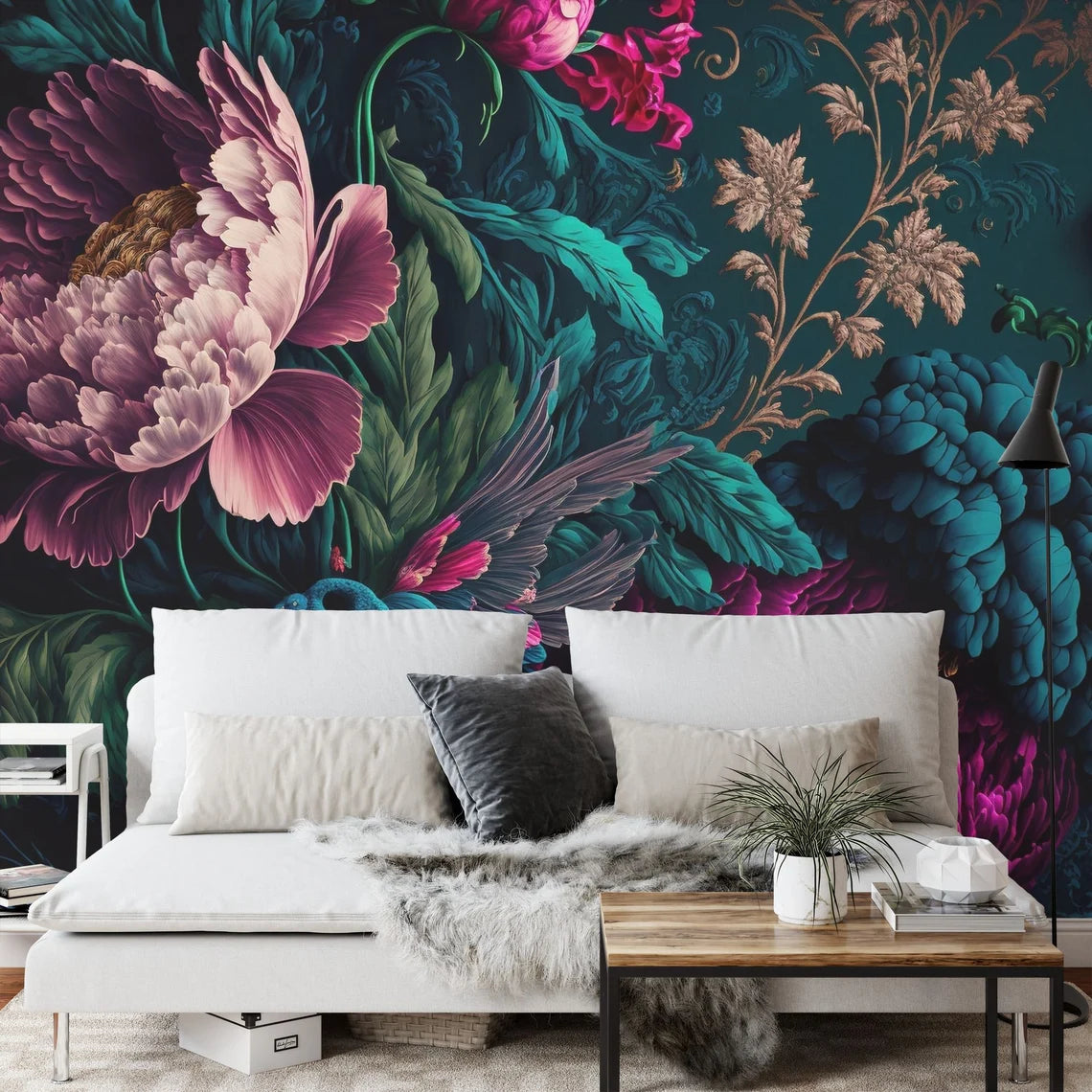 Luxurious baroque peony mural with deep vibrant colors and ornate details