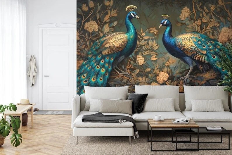 Decorative peacock wallpaper with gold highlights and tropical green leaves