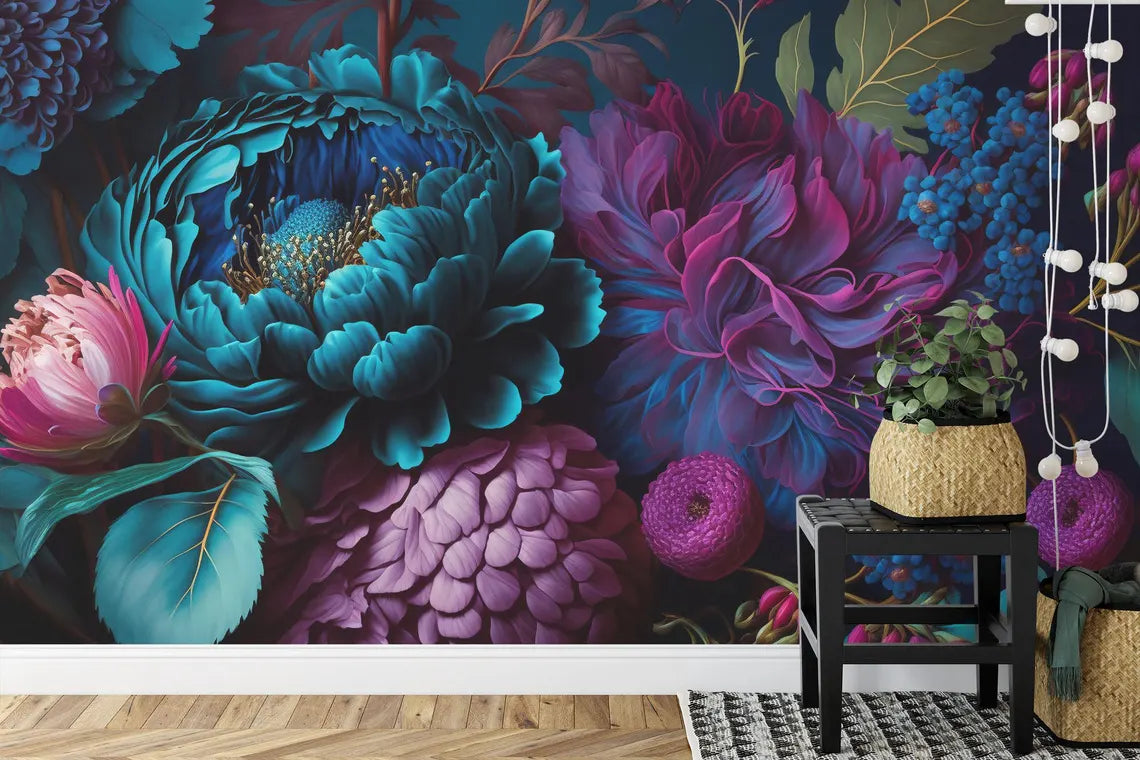 Rich burgundy and pink peonies wall decoration in classic baroque style