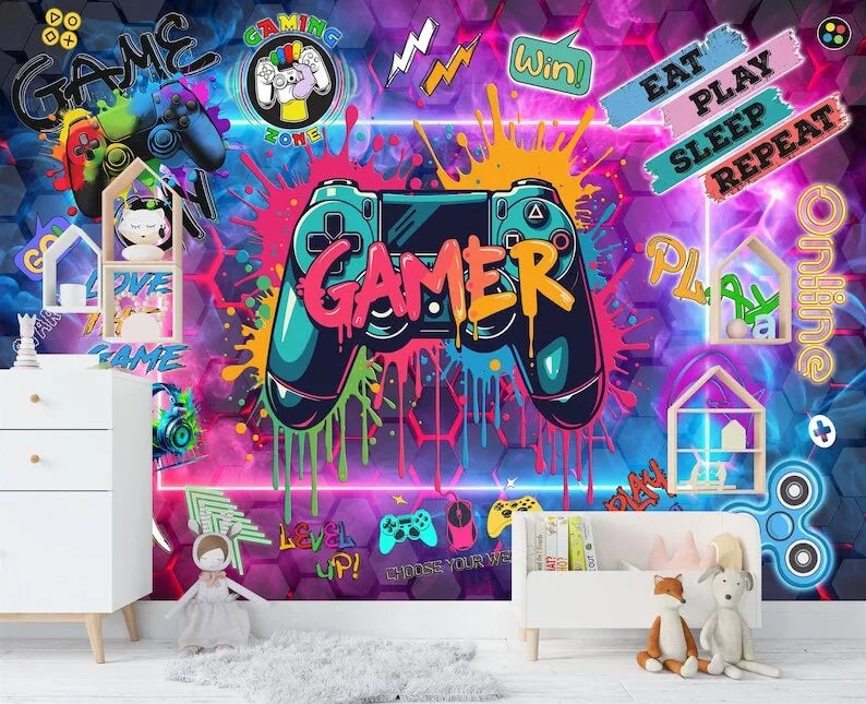 Kids gaming room wall art featuring video game controller and console theme