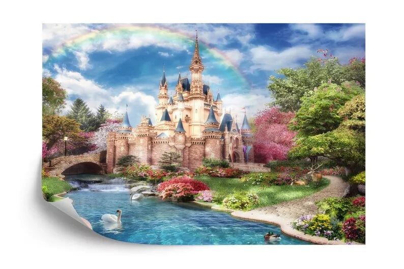 Fantasy princess castle mural with bright colors for magical kids room decor