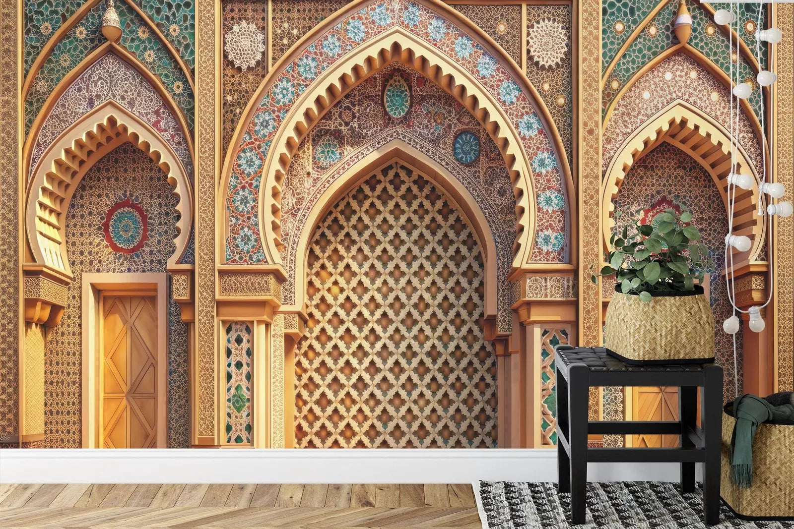 Arabian Nights themed wall decoration with traditional Islamic arch motifs