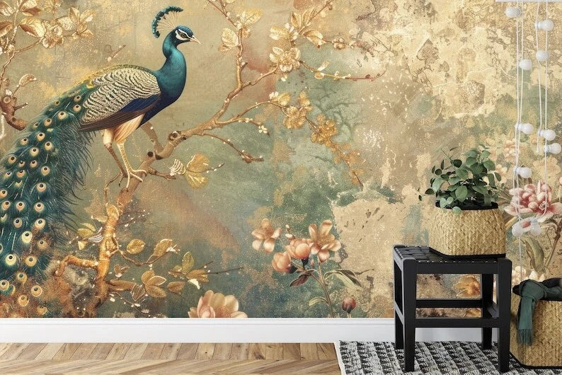 Lively peacock mural surrounded by vibrant floral garland for bold interior decor