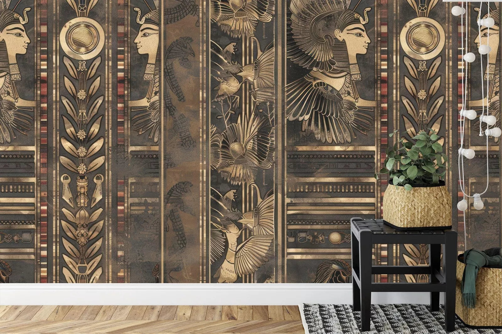 Ancient Egypt themed wall decoration featuring pharaonic symbols and hieroglyphs