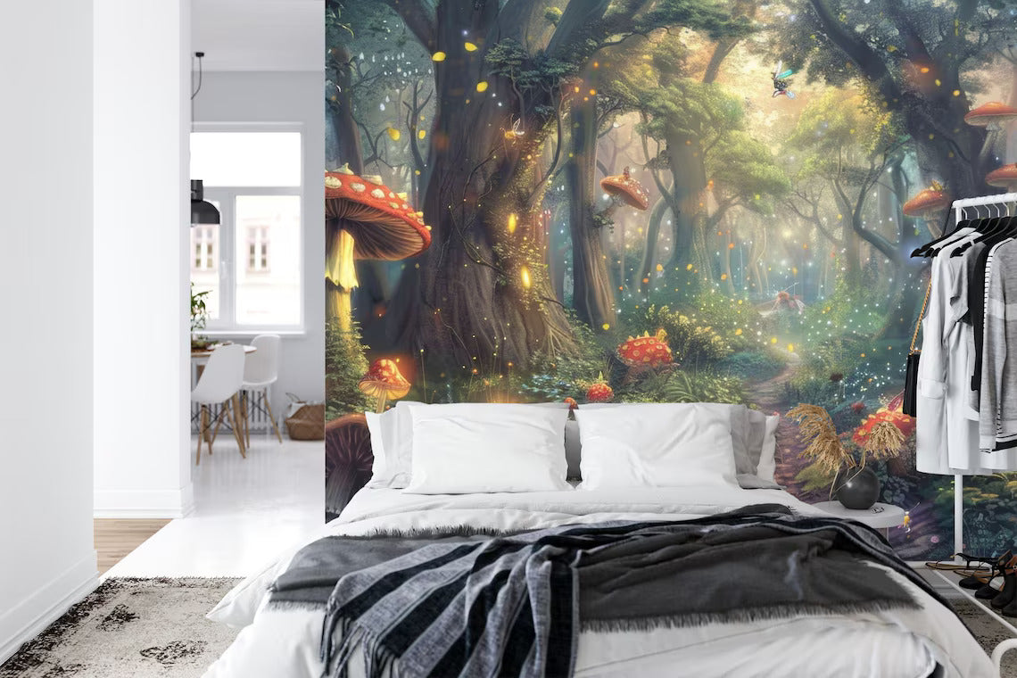 Fantasy forest mural with illuminated mushrooms and mystical atmosphere