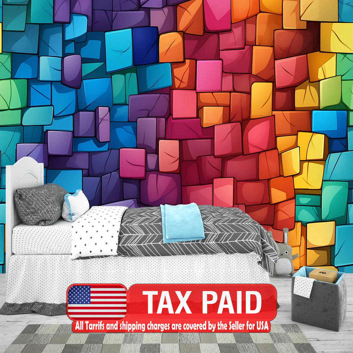 Colorful gaming bricks pattern with red, blue, yellow, and green building blocks on white background