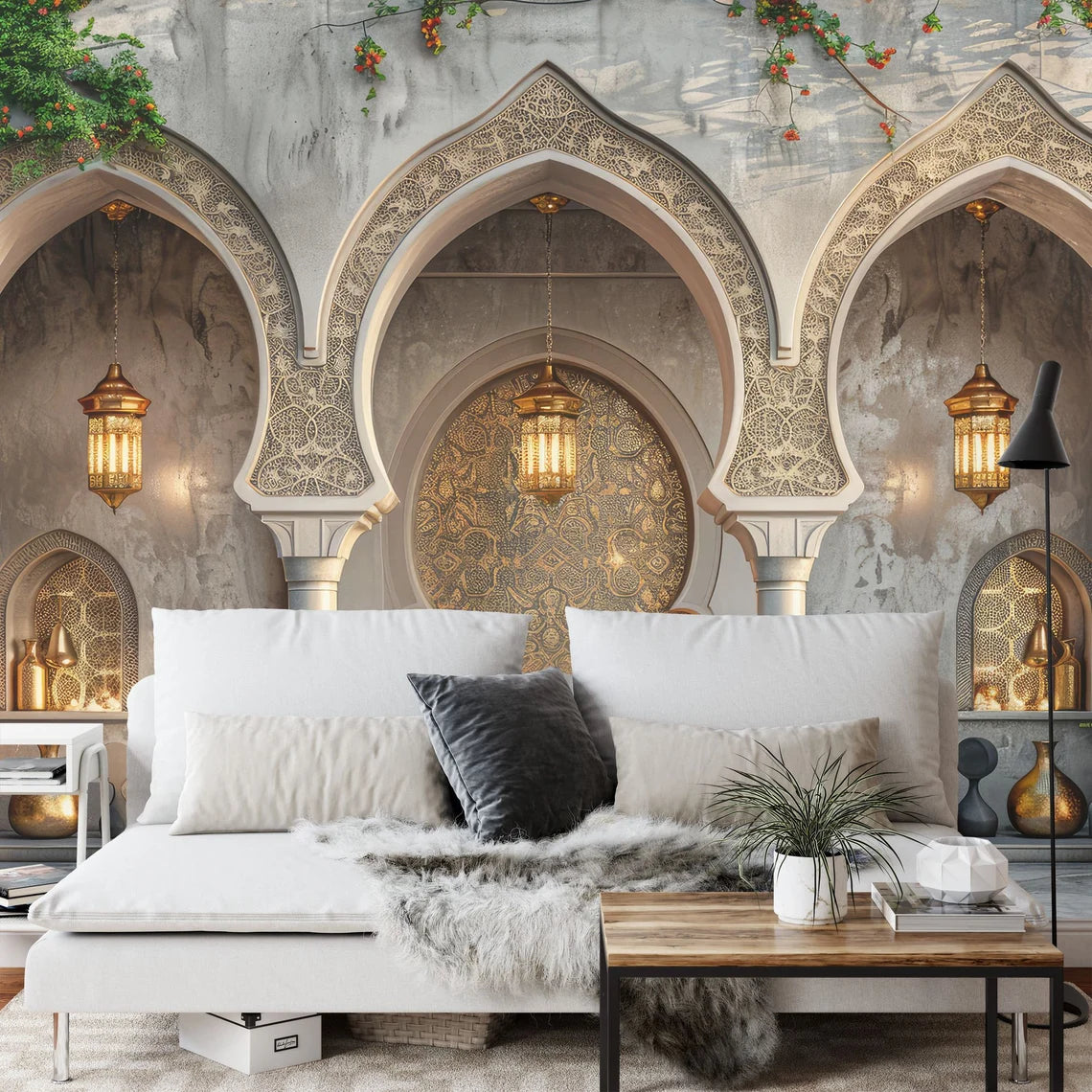 Decorative living room with ornate arches and a white sofa.