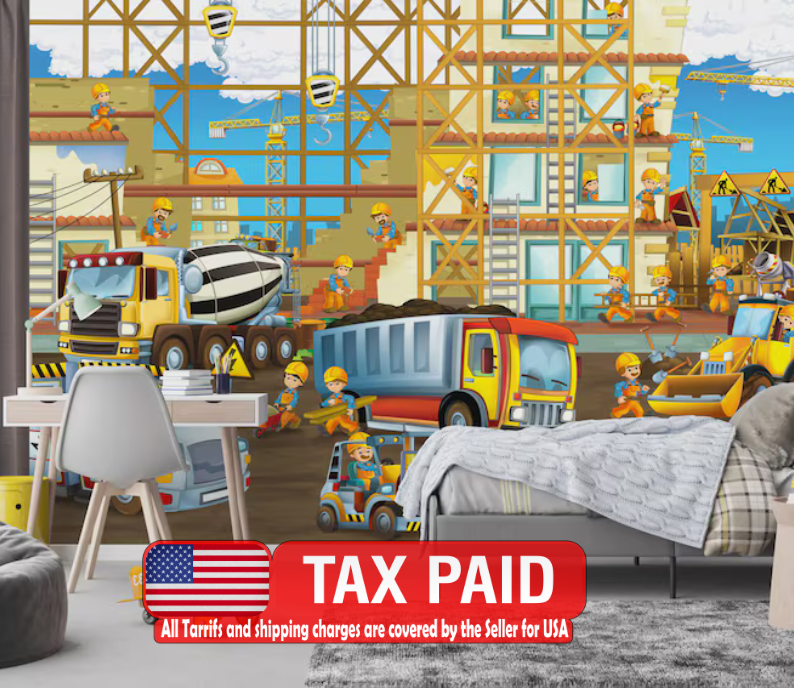 Cartoon Construction Site Kids, Nursery Wallpaper Mural