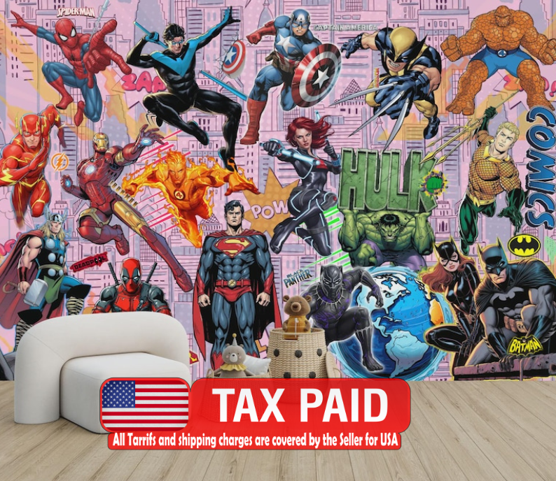Superhero Comic Book Wallpaper Mural, Kids Room Decor