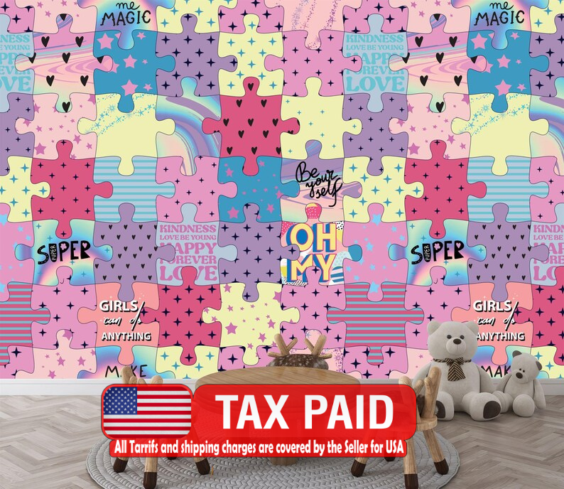 Girls Room Puzzle Wall Mural, Colorful Wallpaper