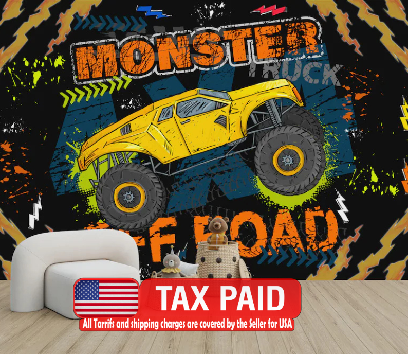 Wallpaper, Monster Truck Wall Mural, Kids Room Decor