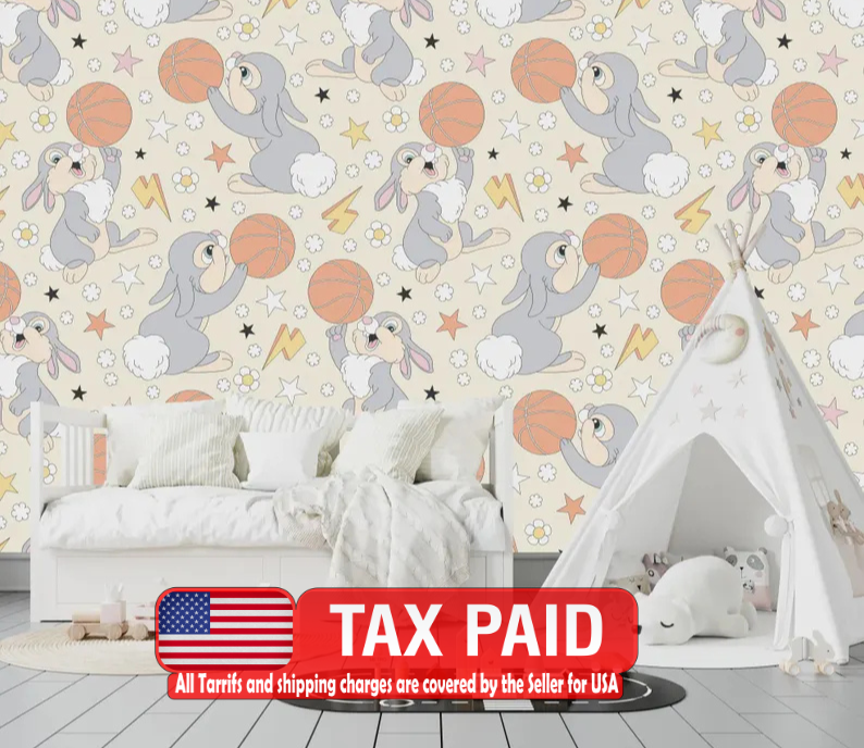 Bunny Play Basketball Nursery Wallpaper Mural