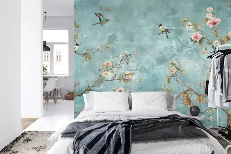 Oriental chinoiserie mural with crane flying over gold sun for elegant home decor