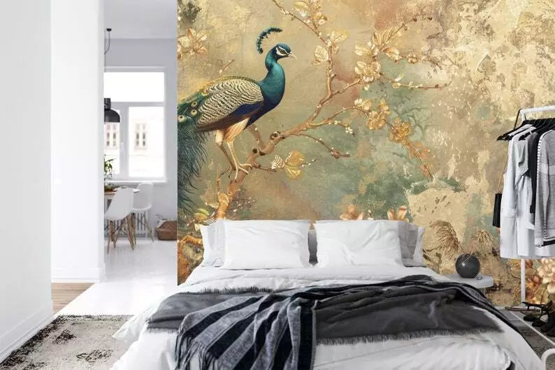 Exotic peacock wallpaper with busy colorful botanical garland design