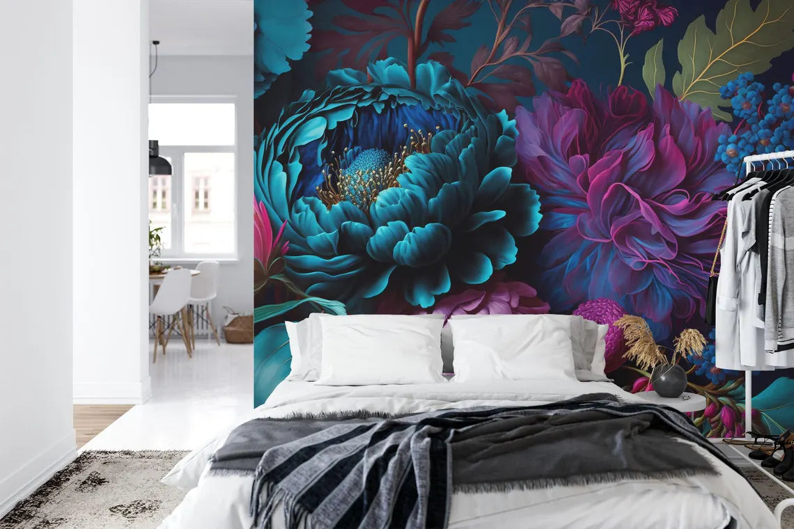 Luxurious baroque peony mural with deep vibrant colors and ornate details