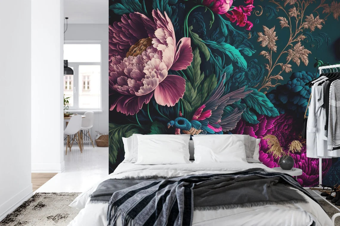 Deep colored peony wallpaper with baroque floral design for elegant interior