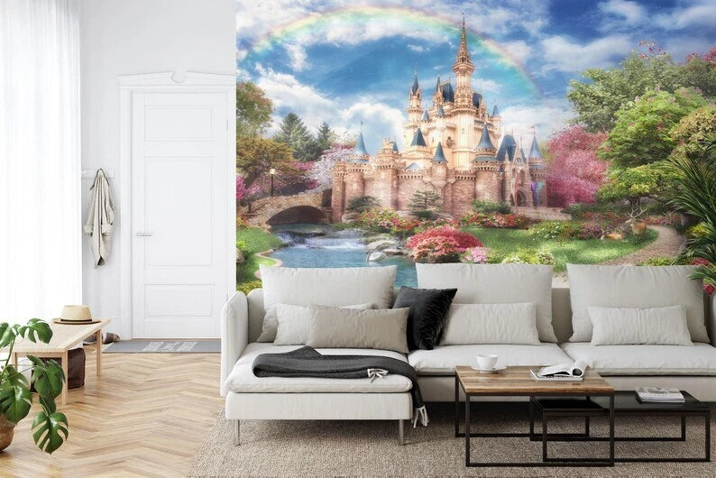 Whimsical colorful castle wallpaper perfect for princess themed bedroom