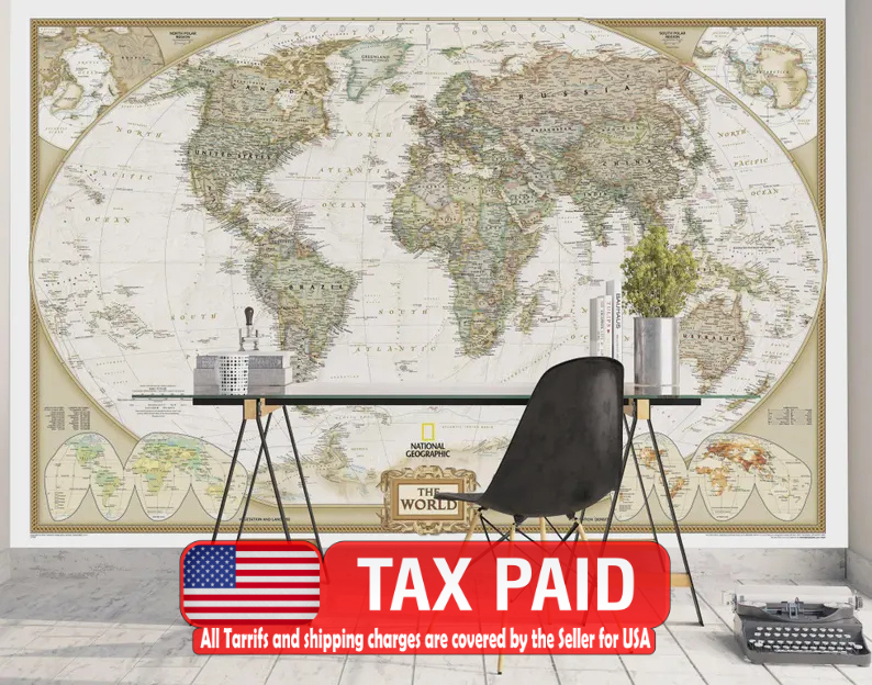 Executive National Geographic World Map wallpaper mural showing detailed political boundaries and geographic features