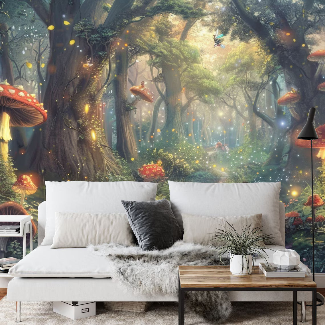 Magical luminous mushrooms wallpaper in fantasy forest setting