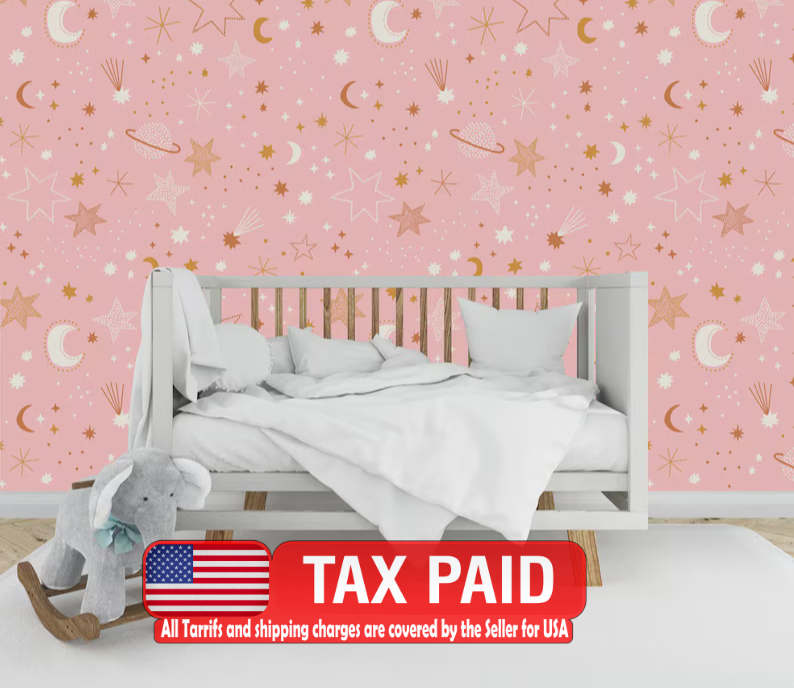 Celestial Moon Astrology Pink Nursery Wallpaper Mural
