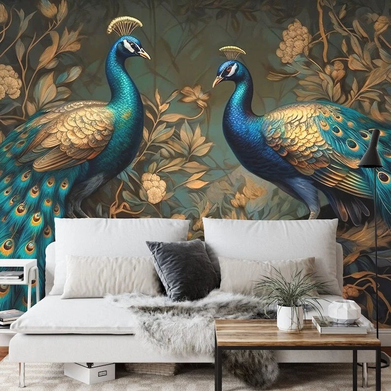 Elegant abstract peacock wallpaper featuring gold and green leaf design