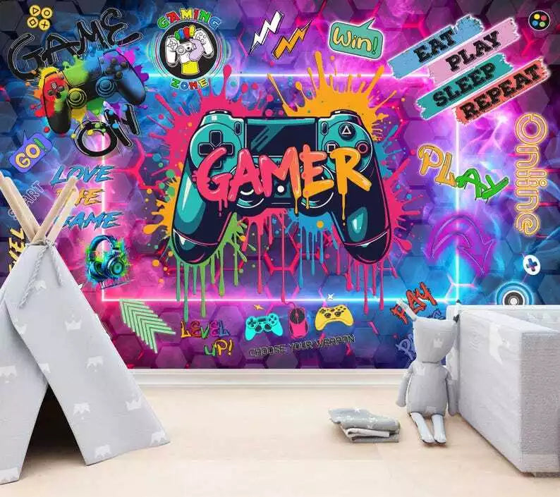 Video game room wallpaper for kids with colorful gaming graphics