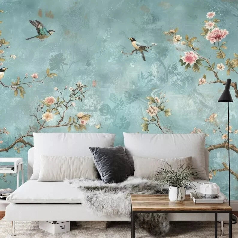 Vintage oriental crane wall art with golden sun for chinoiserie interior decor