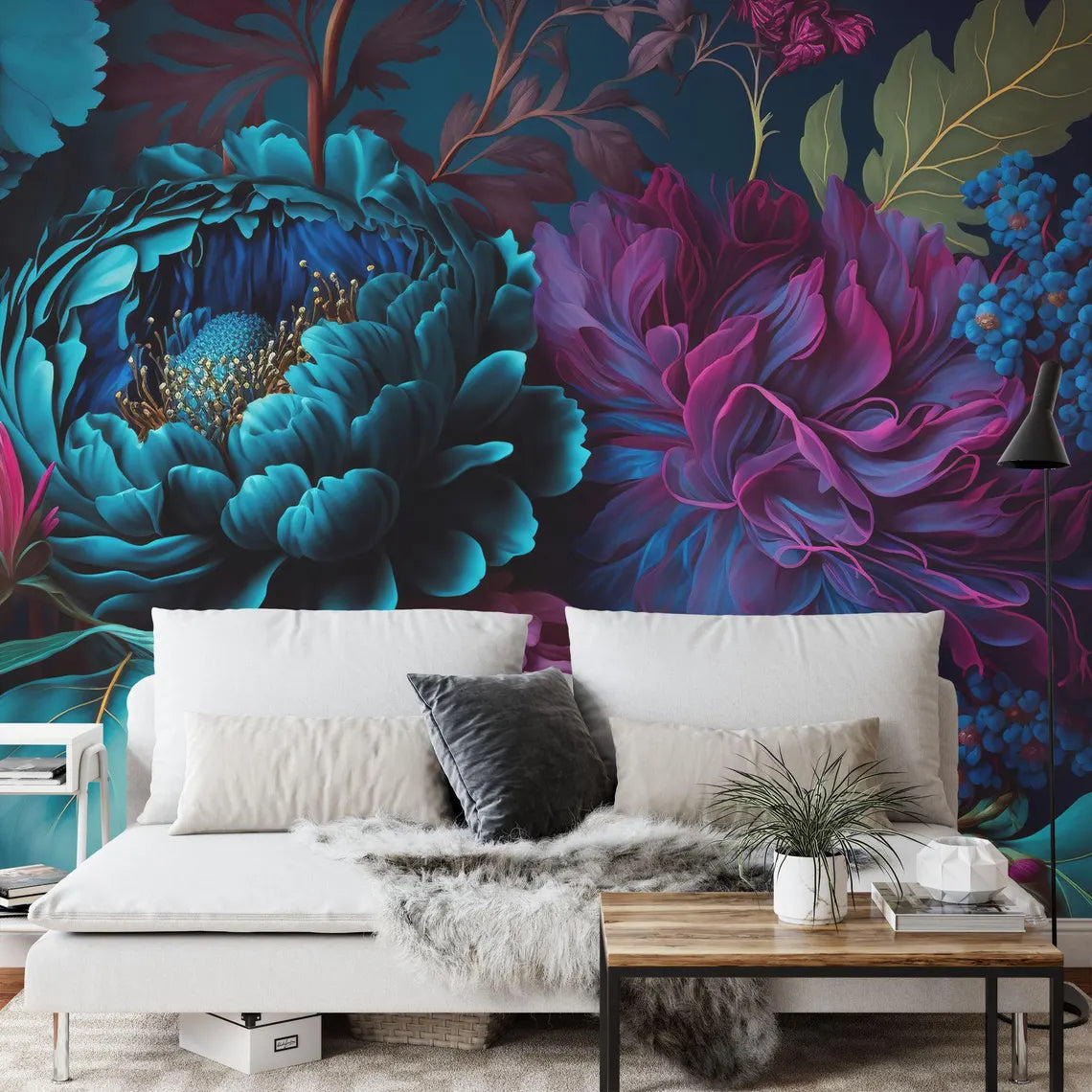 Elegant baroque floral wallpaper featuring lush peonies in rich jewel tones