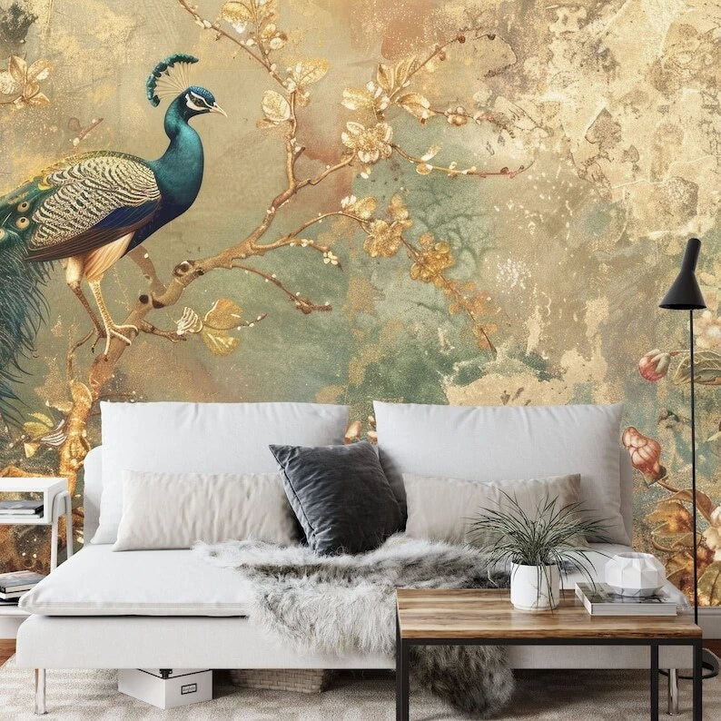 Peacock wall decoration on vibrant floral garland for eclectic home style