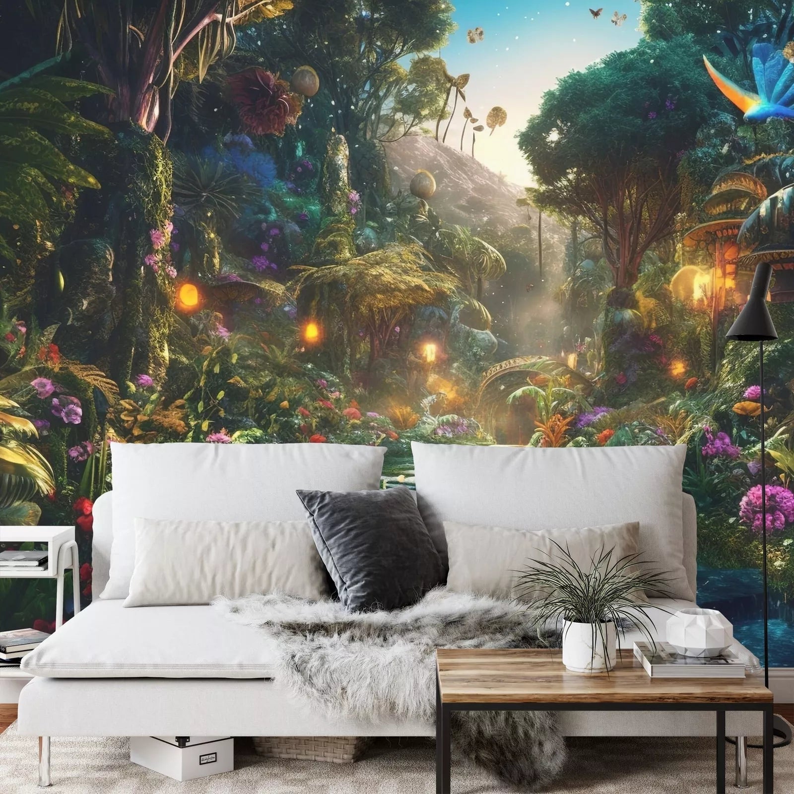 Glowing fantasy forest wall decoration with illuminated trees and enchanted flowers