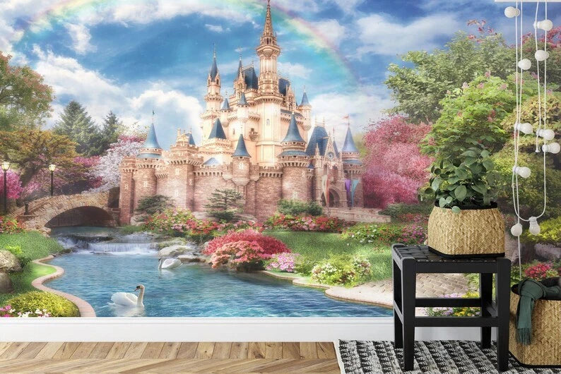 Fantasy castle wall decoration with vibrant colors for girls room interior