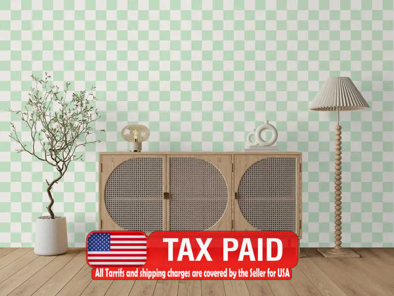 Tea green and off white checkered wallpaper pattern close-up detail