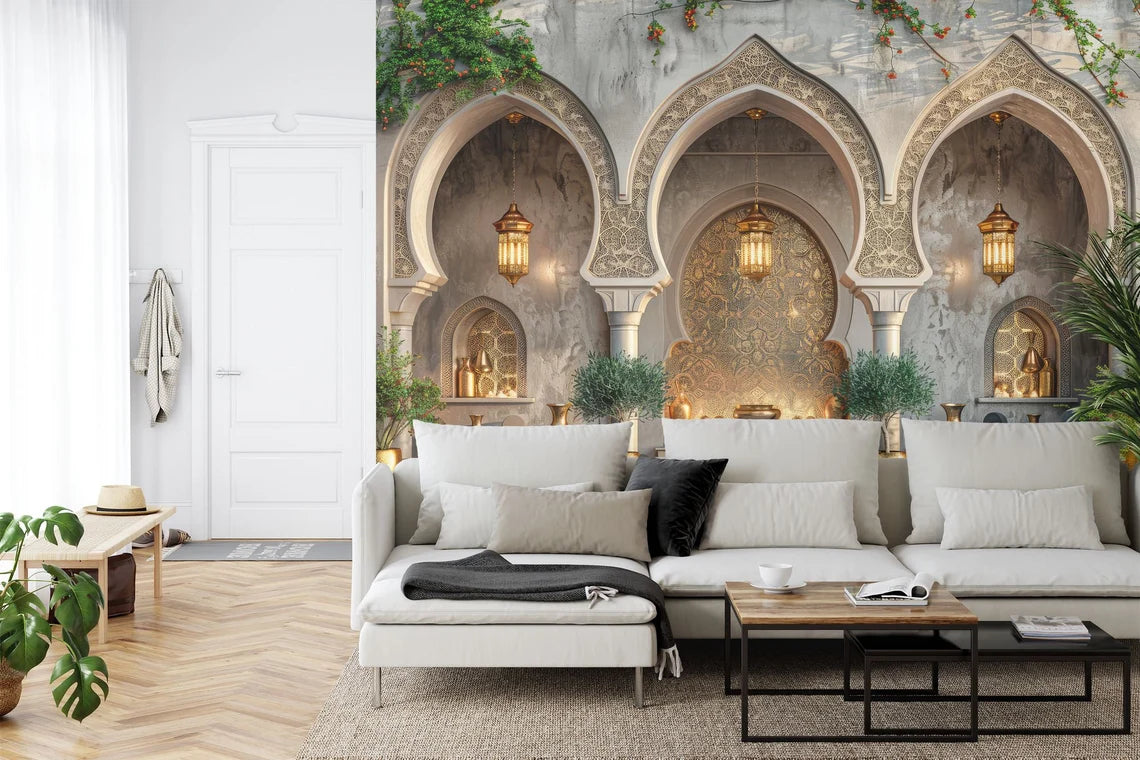 Decorative Islamic arches wallpaper with ornate Arabian design