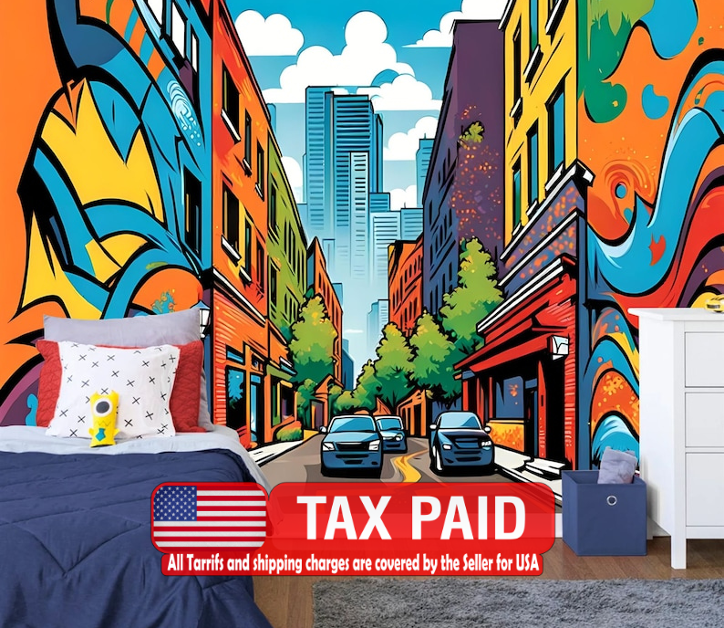 Cartoon City Street Wallpaper Mural, Kids Room Decor