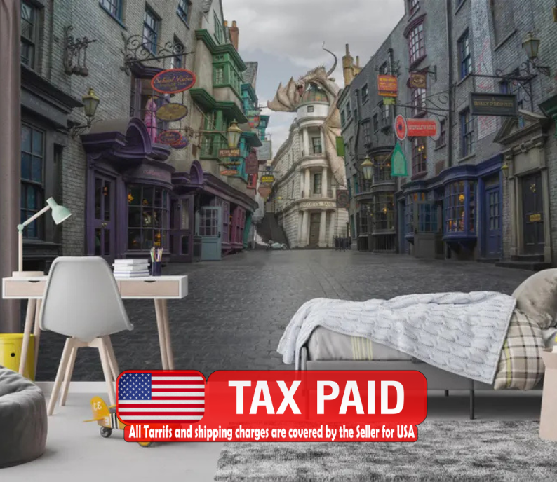 Wizarding Alley Magic Street Poster Kids Room Wallpaper wallpaper mural showing the full design clearly for modern interior