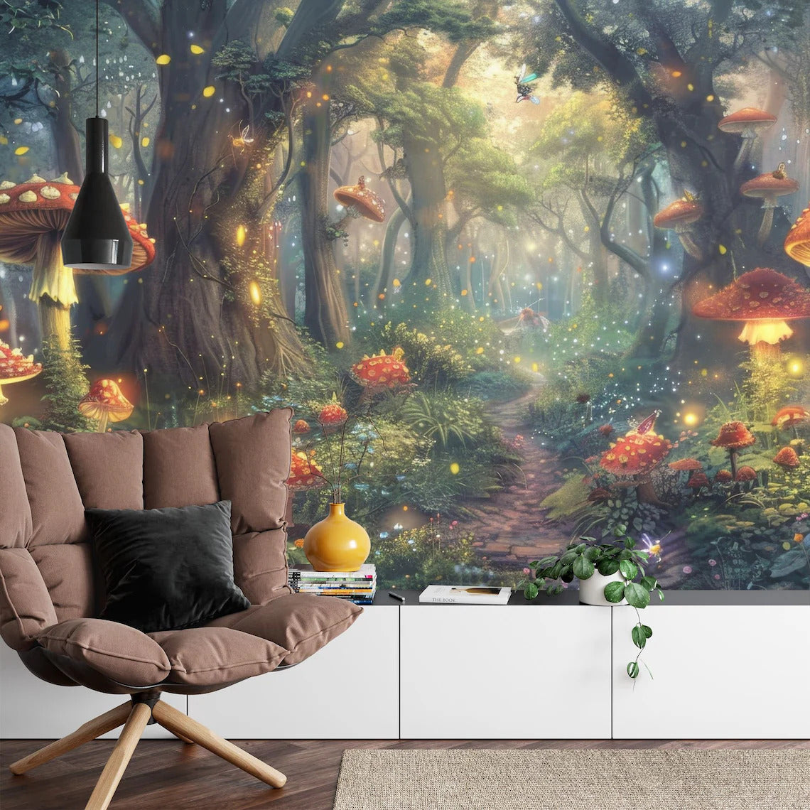 Enchanted forest wall art with glowing magical mushrooms