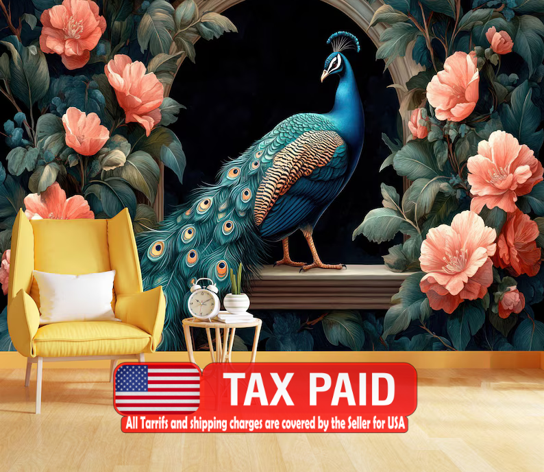 Peacock Garden Wallpaper Mural Wall Decal wallpaper mural showing the full design clearly for modern interior wall decor wit