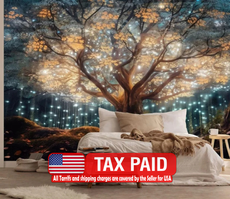 Mystical Tree with Lights Wallpaper Mural wallpaper mural showing the full design clearly for modern interior wall decor wit