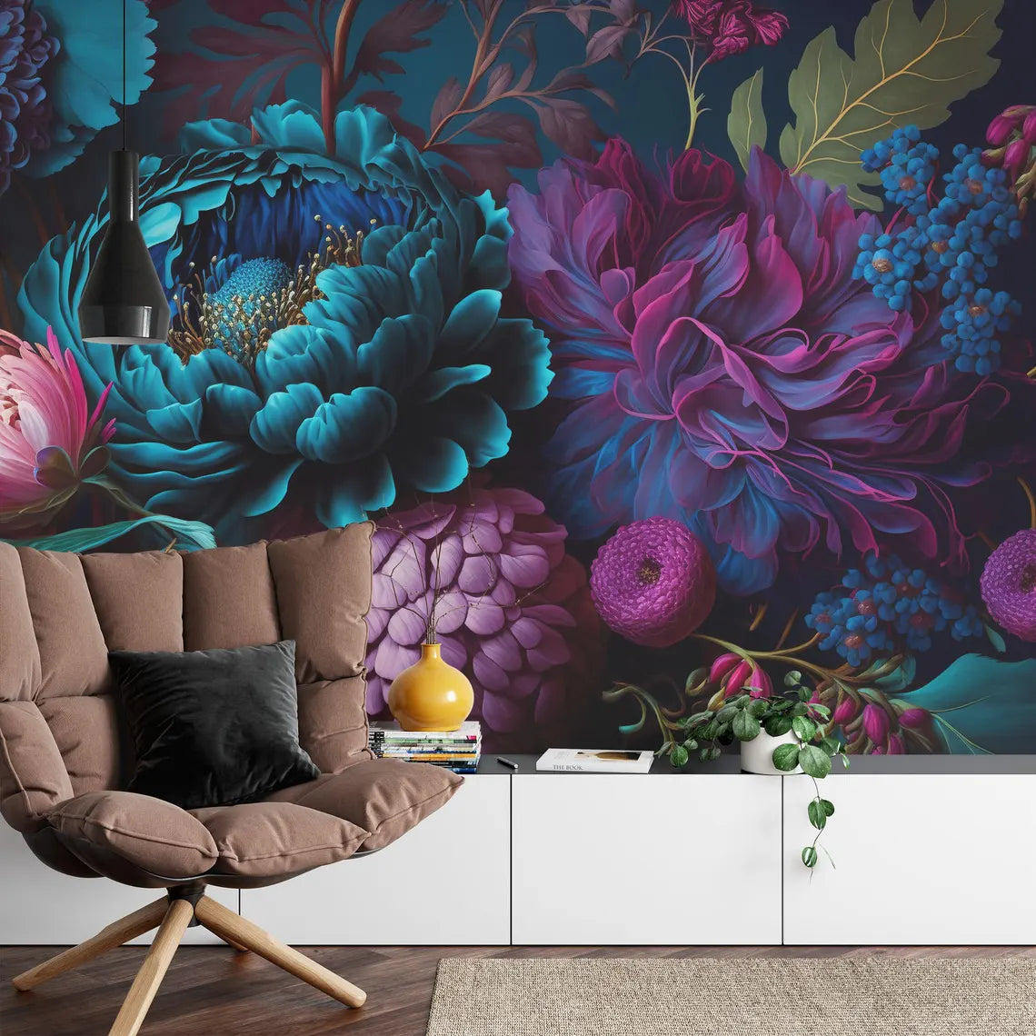 Deep colored peony wall art with baroque inspired floral composition