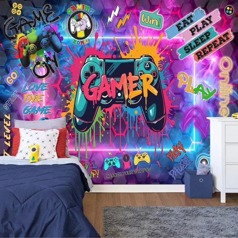 Gaming room wall mural perfect for teen or kids game playing area