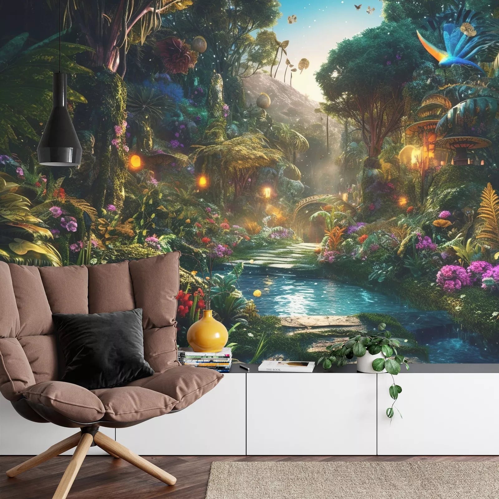 Magical forest mural featuring glowing trees and luminous flowers for kids room