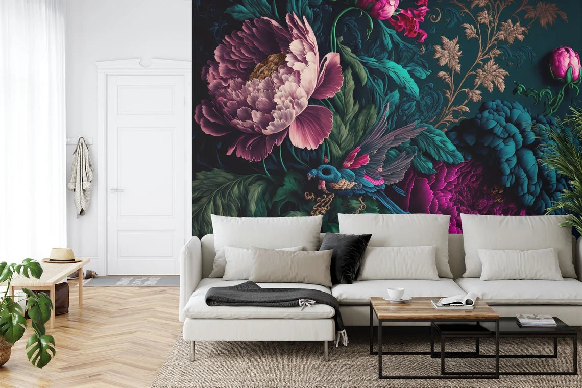 Deep colored peony wall art with baroque inspired floral composition