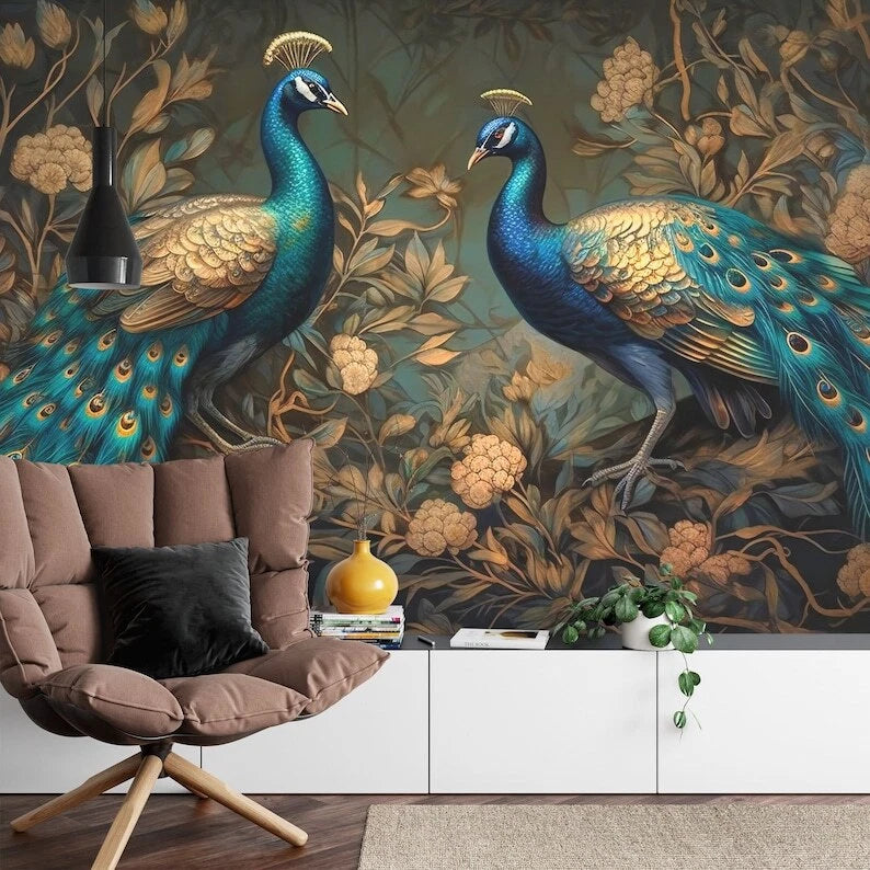 Artistic peacock mural with gold accents and green botanical elements for elegant decor