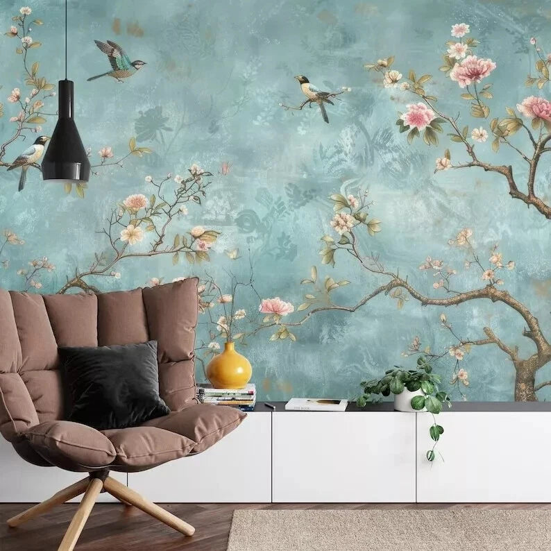 Asian inspired chinoiserie wallpaper featuring flying crane over golden sun