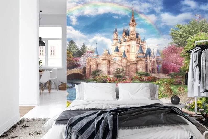 Magical princess castle mural in bright colors for fairytale inspired nursery
