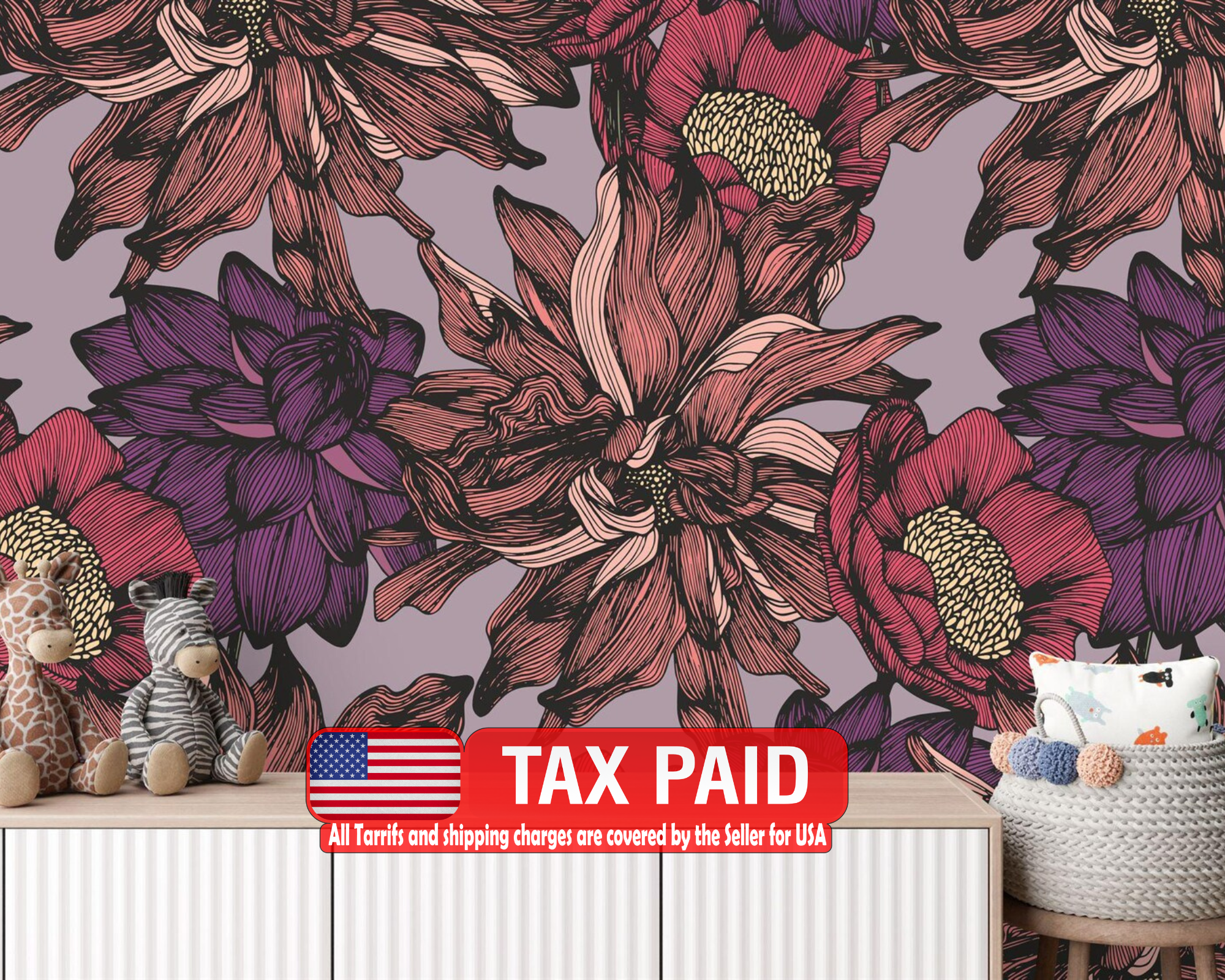 Floral Photomural Wallpaper, Hand-Drawing Flower Pattern