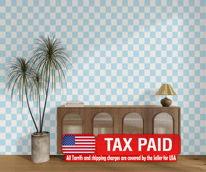 Light blue and off white checkered wallpaper pattern close-up view