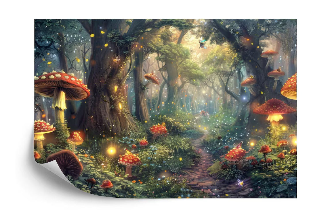 Fantasy mushroom forest wall mural for kids room or gaming space