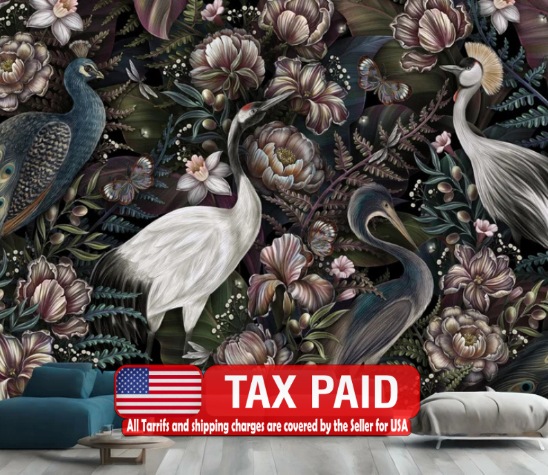 Crane Peacock Wallpaper Mural, Royal Bird Art Print wallpaper mural showing the full design clearly for modern interior wall