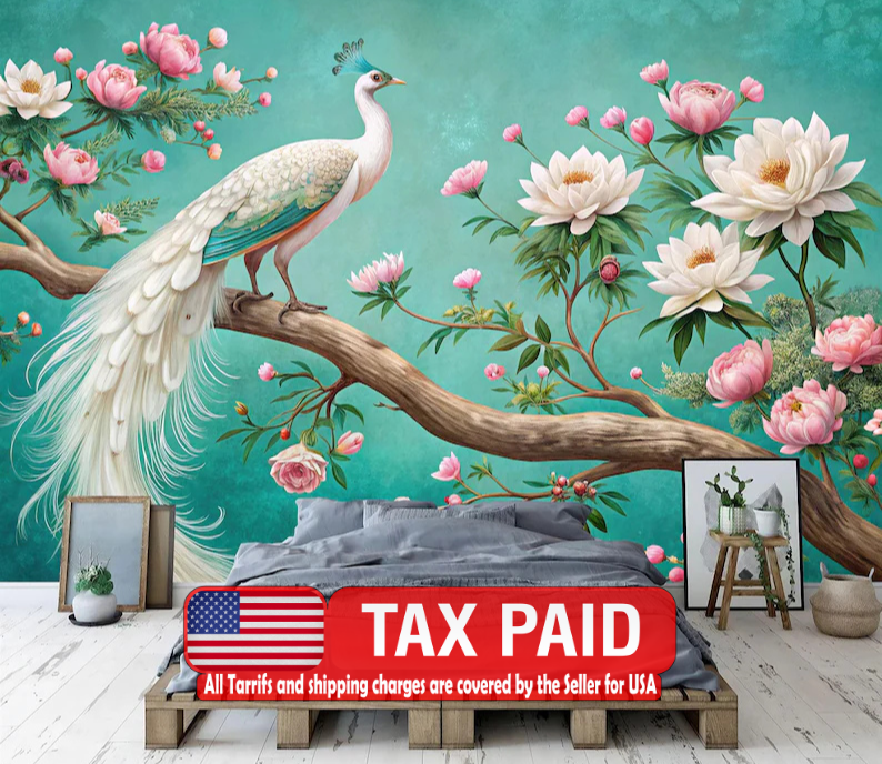 White Peacock Floral Garden Mural Wallpaper